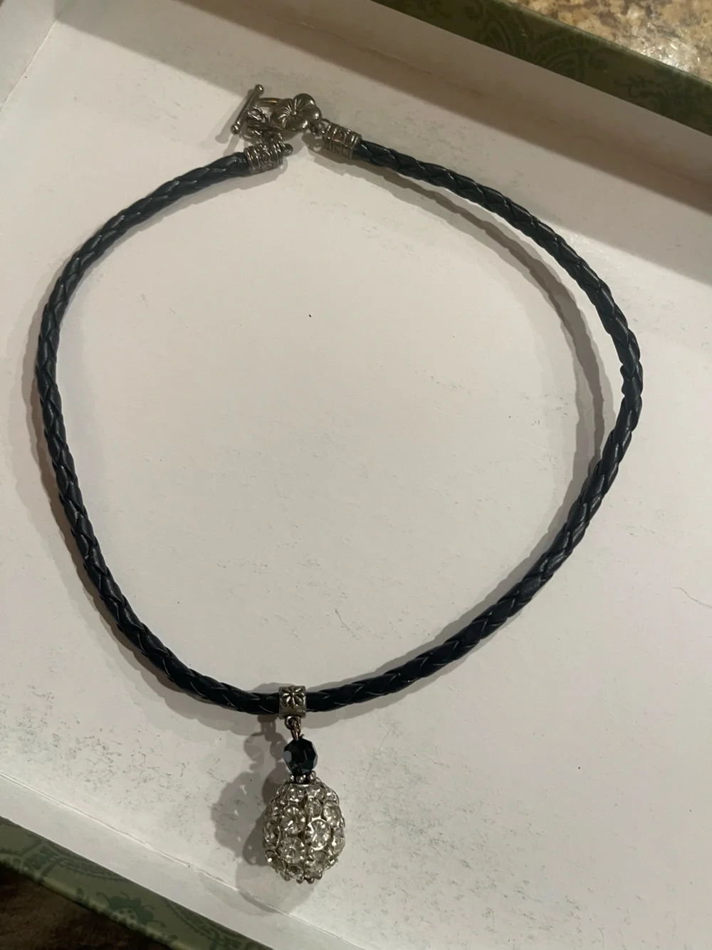 Black Braided Leather Necklace with Crystal Drop Pendant